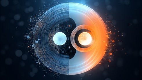 Two Circles Side by Side within a Larger Circle Divided Vertically in Half - Abstract Illustration Representing Interaction