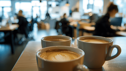 Three cups of coffee sit on a desk in a busy office