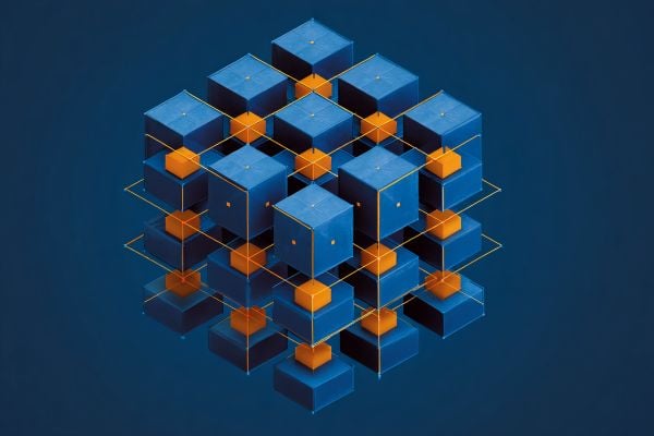 cube made up of blue cubes, orange cubes, and orange lines