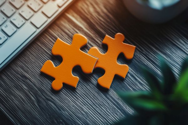 two orange puzzle pieces on a desk next to a keyboard and a plant