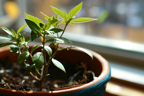 Indoor houseplant growing in a pot that is sitting next to a window