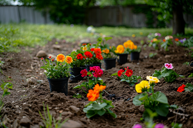 Bright flowers in plastic pots wait to be planted in a garden