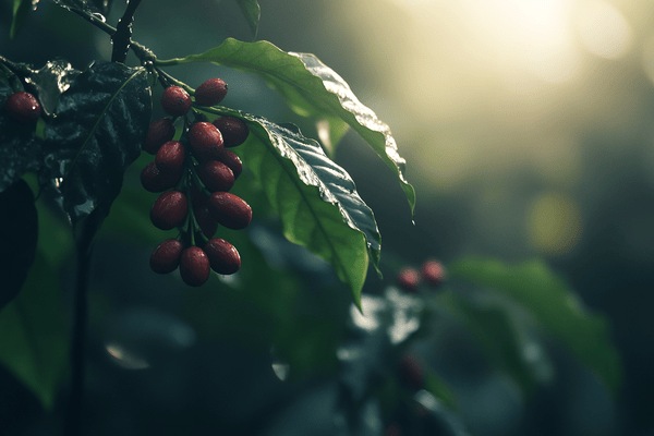 A coffee plant with ripe coffee beans