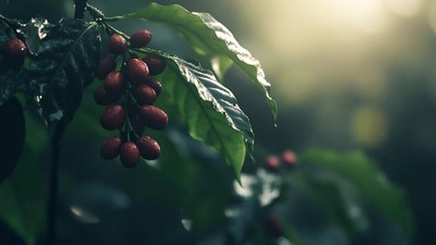 A coffee plant with ripe coffee beans
