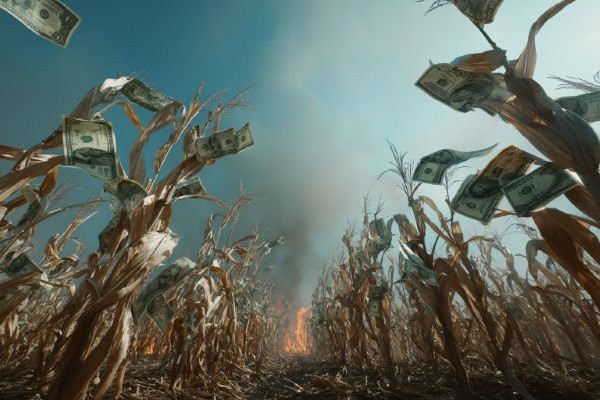dollar bills growing on corn stalks in a cropfield burning from wildfire