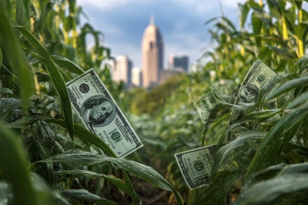 hundred dollar bills growing from cornstalks in a field with tall city buildings in the background