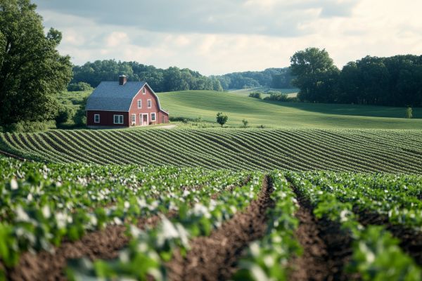 small red farmhouse next to rows of crops