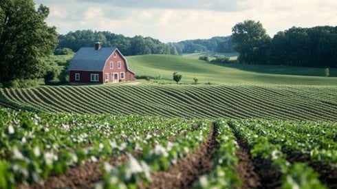 small red farmhouse next to rows of crops