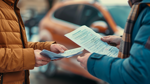Two people exchanging insurance paperwork with a minor car accident in the background