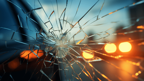 Illustration of View through Shattered Automobile Windshield of Muted Side of Car and Headlights and Skycrapers in Distance