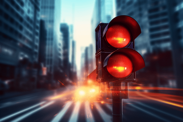 Automobile Headlights Shine Down Street Running between Skyscrapers with Red Stoplights on Pole in Foreground