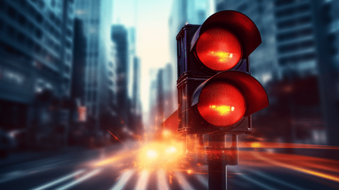 Automobile Headlights Shine Down Street Running between Skyscrapers with Red Stoplights on Pole in Foreground