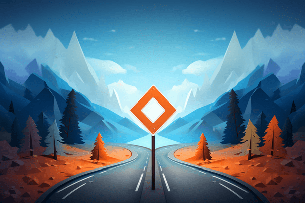 A Curving Highway Lined by Trees and Mountains with Blue Sky and Clouds Above Heads Toward a Diamond-Shaped Road Sign Marking Fork in Road