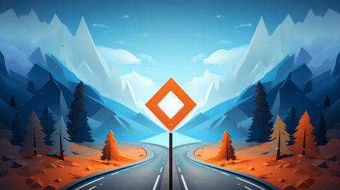 A Curving Highway Lined by Trees and Mountains with Blue Sky and Clouds Above Heads Toward a Diamond-Shaped Road Sign Marking Fork in Road
