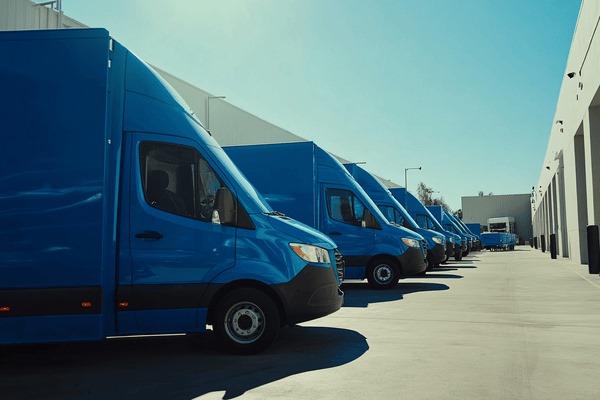 A fleet of blue delivery vans parked in front of a warehouse