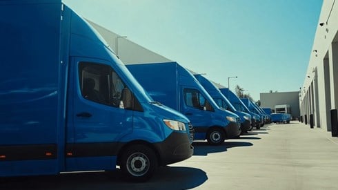 A fleet of blue delivery vans parked in front of a warehouse