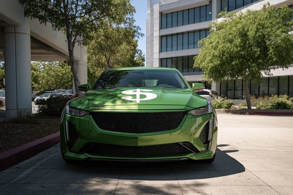 A green sedan with a money sign on its hood and parked in front of an office building