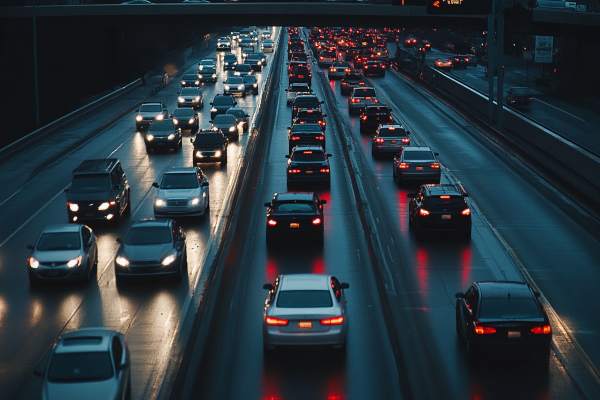 cars going in both directions during rush hour on a highway