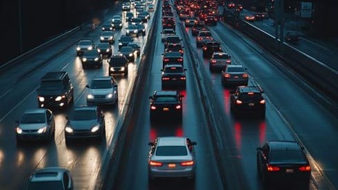 cars going in both directions during rush hour on a highway