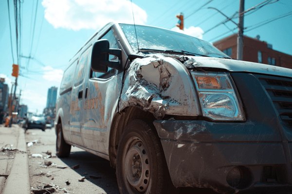 White company van that has a damaged front end from an accident