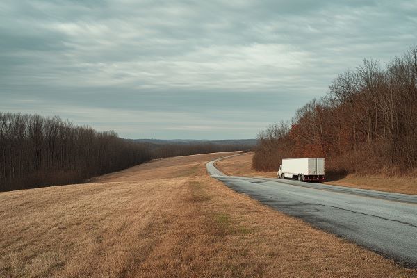 white tractor trailer truck stopped on the side of a rural highway