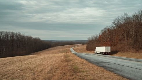 white tractor trailer truck stopped on the side of a rural highway