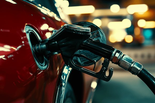 Closeup of a gas pump nozzle fueling a car