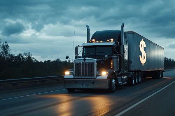 A black semitruck with a dollar sign on its trailer driving on a highway