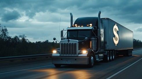 A black semitruck with a dollar sign on its trailer driving on a highway