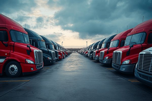 A fleet of parked semitrucks
