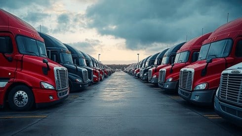 A fleet of parked semitrucks