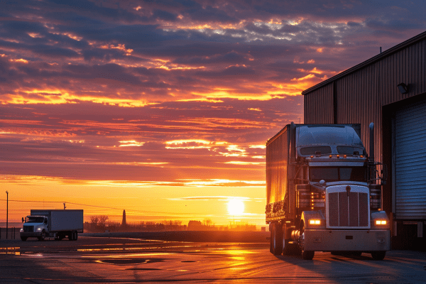 Semi-trailer truck outside of warehouse at sunrise