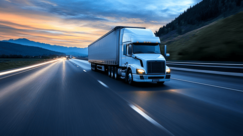 A white semi truck drives on an empty highway at twilight