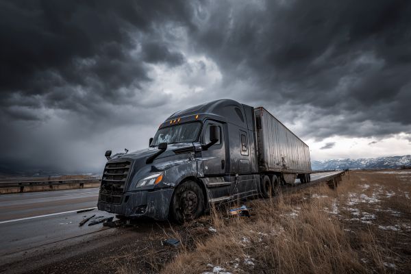 wrecked semi-truck on the side of a stormy highway