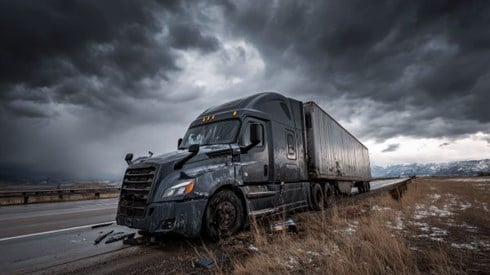 wrecked semi-truck on the side of a stormy highway