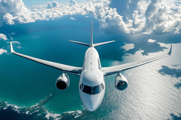 Airliner in flight over the ocean