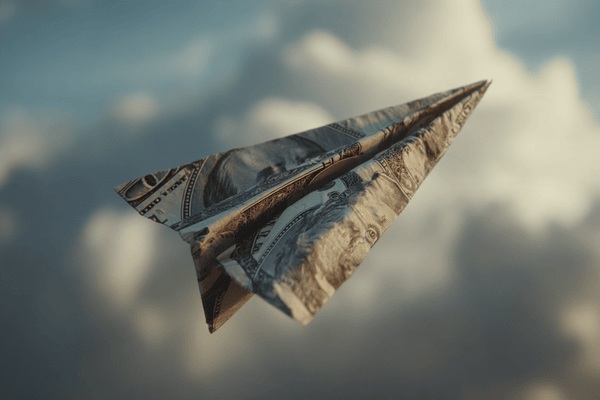 A paper airplane folded out of a hundred dollar bill flying through the sky