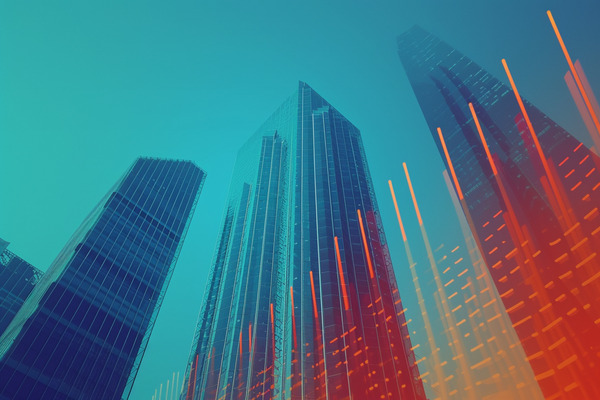 Illustrated citysacpe in background with rising bar graph in the foreground