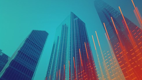 Illustrated citysacpe in background with rising bar graph in the foreground