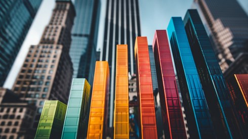 A brightly colored bar graph standing tall in front of several skyscrapers.