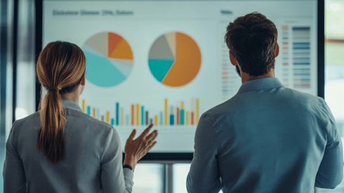 Two business professionals talk while reviewing pie charts and bar graphs on an office projector screen