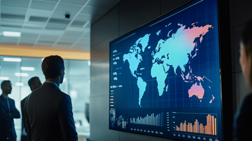 A projector screen in an office showing a world map and increasing graphs