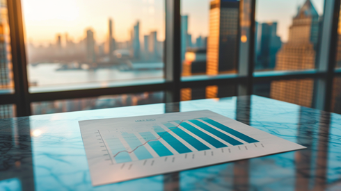 And increasing bar graph sits on a boardroom table in front of a window that shows the city and water outside