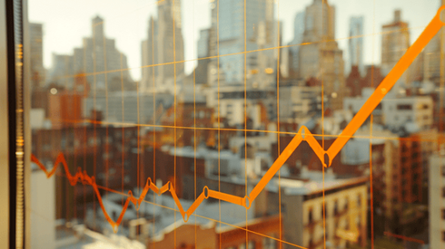 An increasing orange line graph is displayed on a window in front of a city