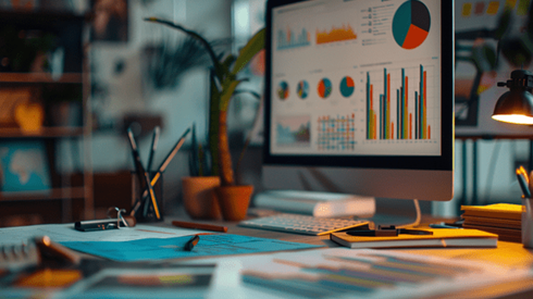 Multiple charts and graphs showing on a computer screen in a home office
