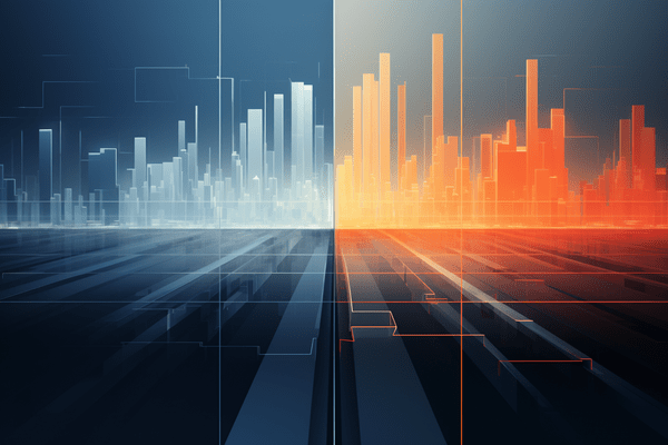 Illustration of Bar Charts Rising from the Horizon with Half in Blue and Half in Orange