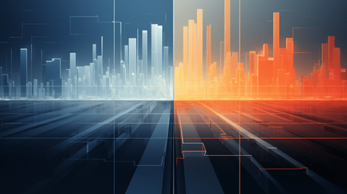 Illustration of Bar Charts Rising from the Horizon with Half in Blue and Half in Orange