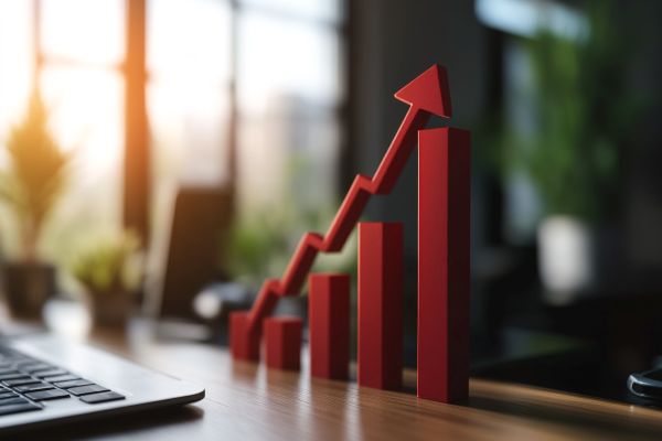 red bar graph with arrow going up sitting on desk