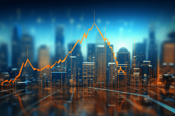 Yellow line graph in front of digital skyline