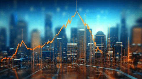 Yellow line graph in front of digital skyline
